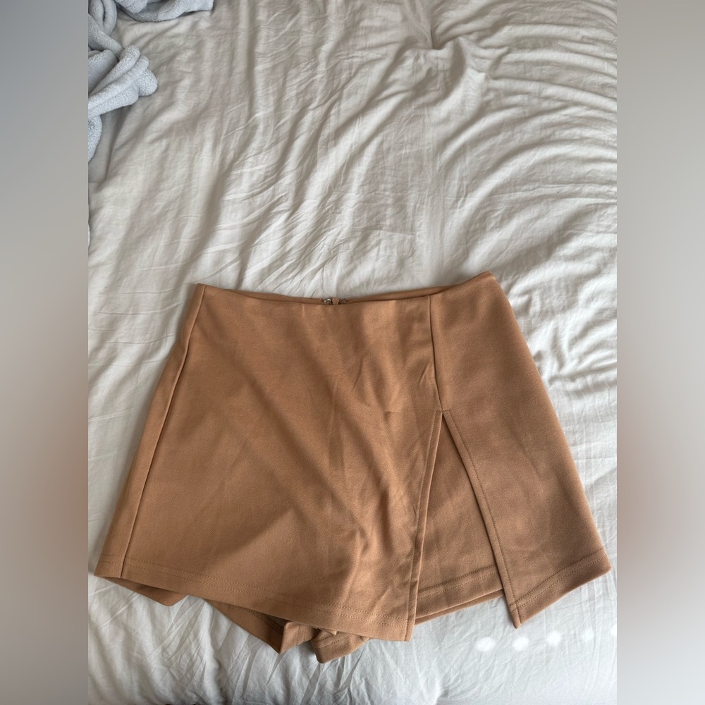 Tan Mini Skort with Side Slit